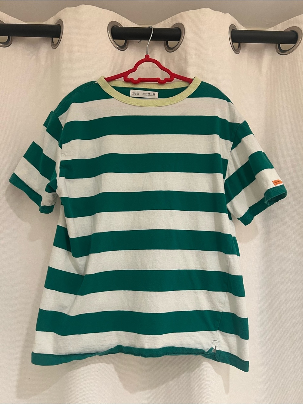 ZARA White and Green Striped Short Sleeve Tee with Orange Patch